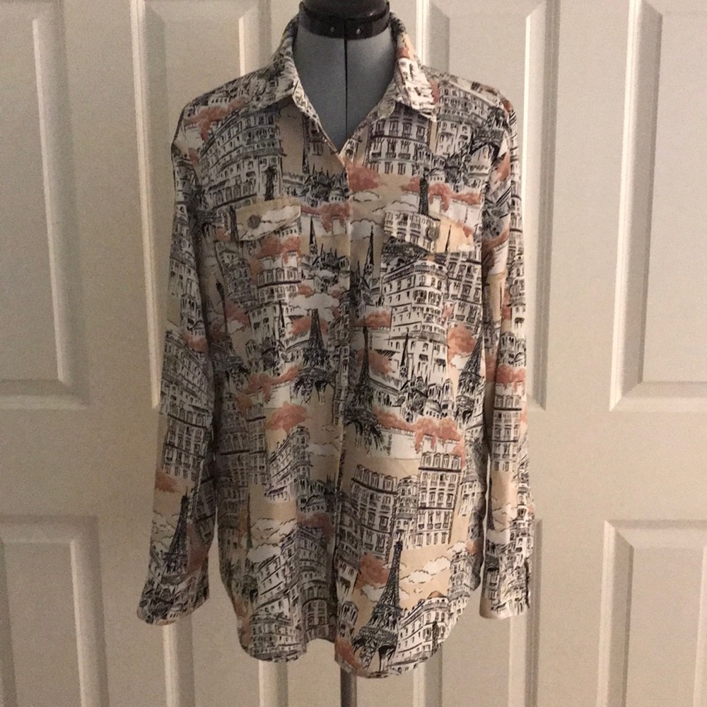 Karl Lagerfeld Paris Eiffel Tower Print Blouse Blush Black Tan White M